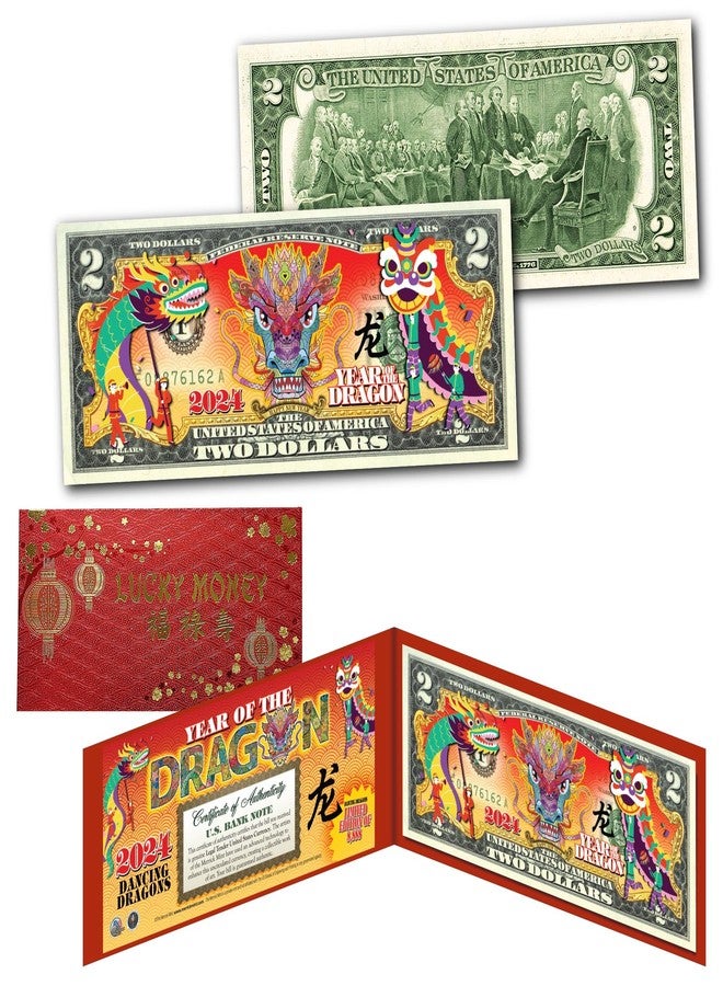 Merrick Mint Dancing Dragons 2024 Chinese Lunar New Year of The Dragon Uncirculated Two Dollar Bill Special Edition with Both Collectible Red Hard Foilo Display & Red Envelope - Image 2
